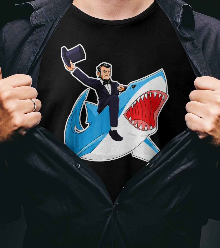 Abraham Lincoln Riding A Shark Waving Top Hat Adventure T-Shirt