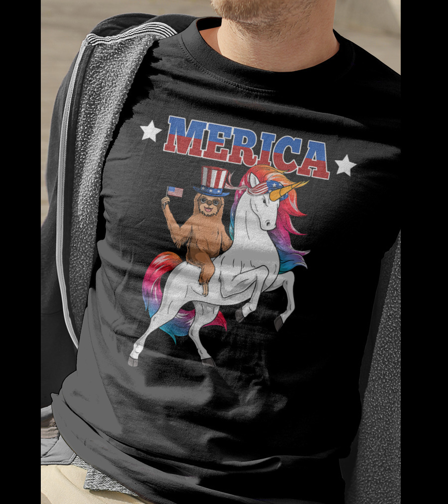Merica Sloth Riding Patriotic Unicorn With USA American Flag T-Shirt
