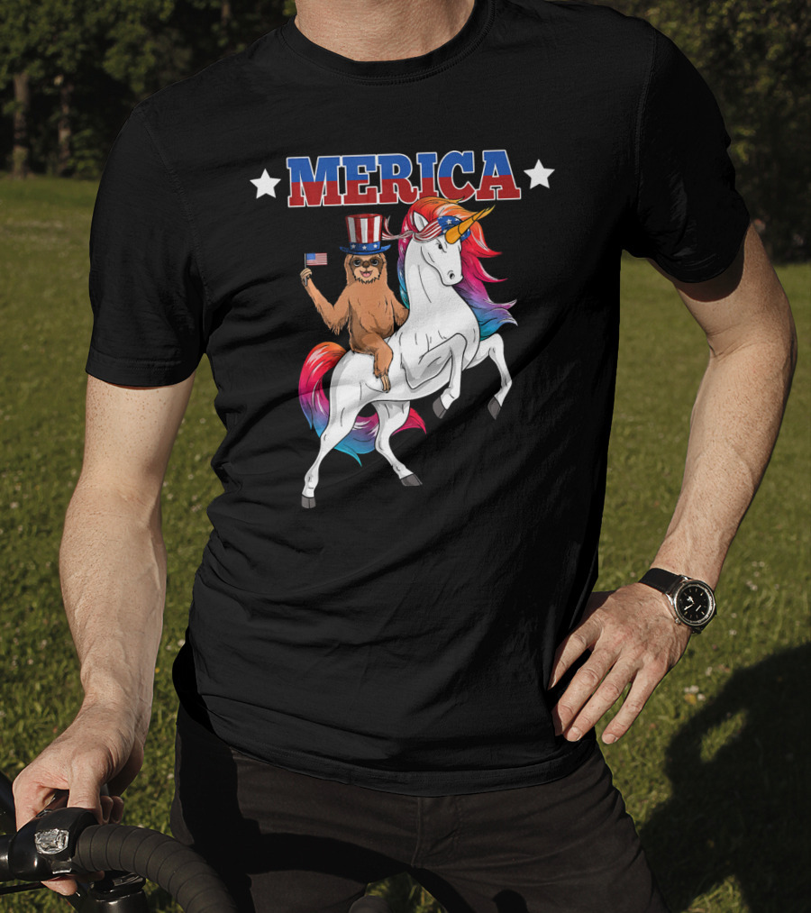 Merica Sloth Riding Patriotic Unicorn With USA American Flag T-Shirt