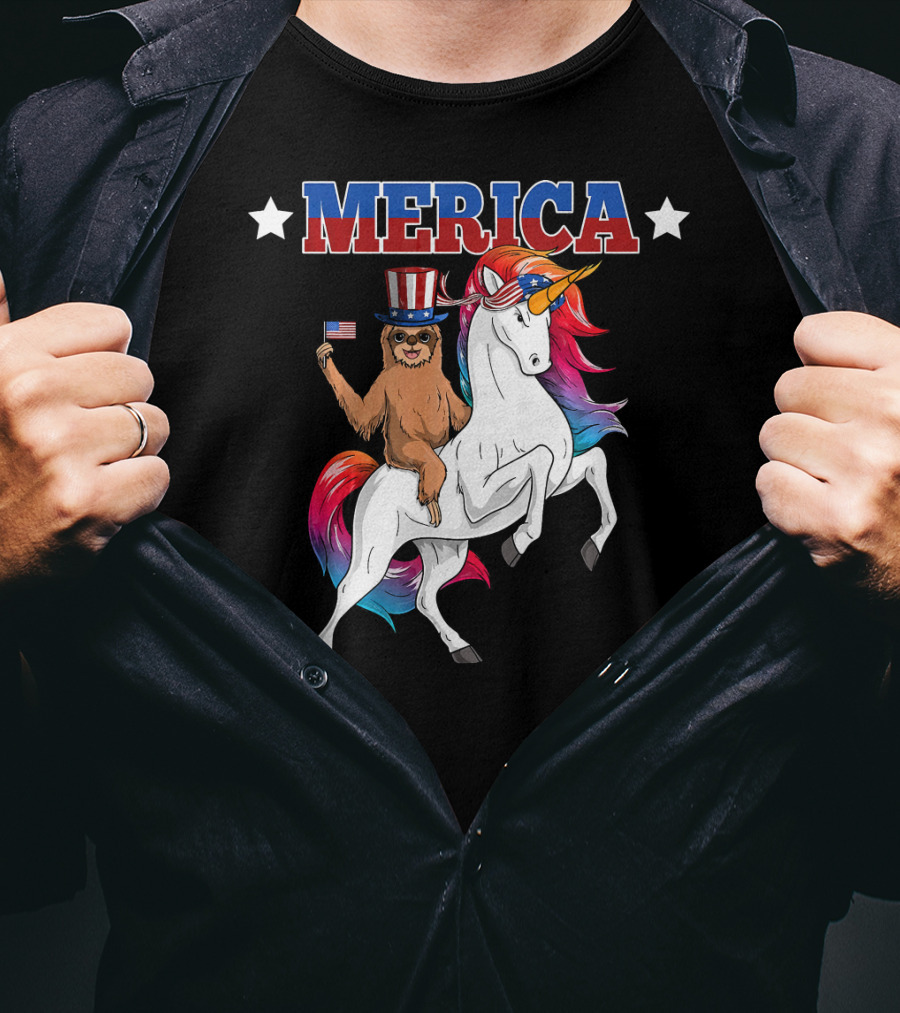 Merica Sloth Riding Patriotic Unicorn With USA American Flag T-Shirt