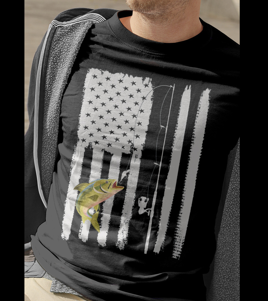American Flag Fishing Pole With Fish USA Patriotic T-Shirt