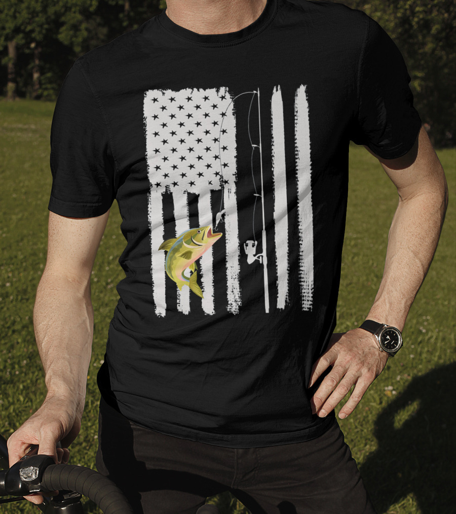 American Flag Fishing Pole With Fish USA Patriotic T-Shirt