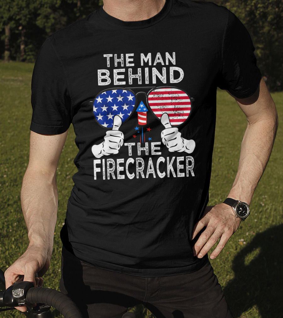 The Man Behind The Firecracker Patriotic Sunglasses Stars Stripes T-Shirt