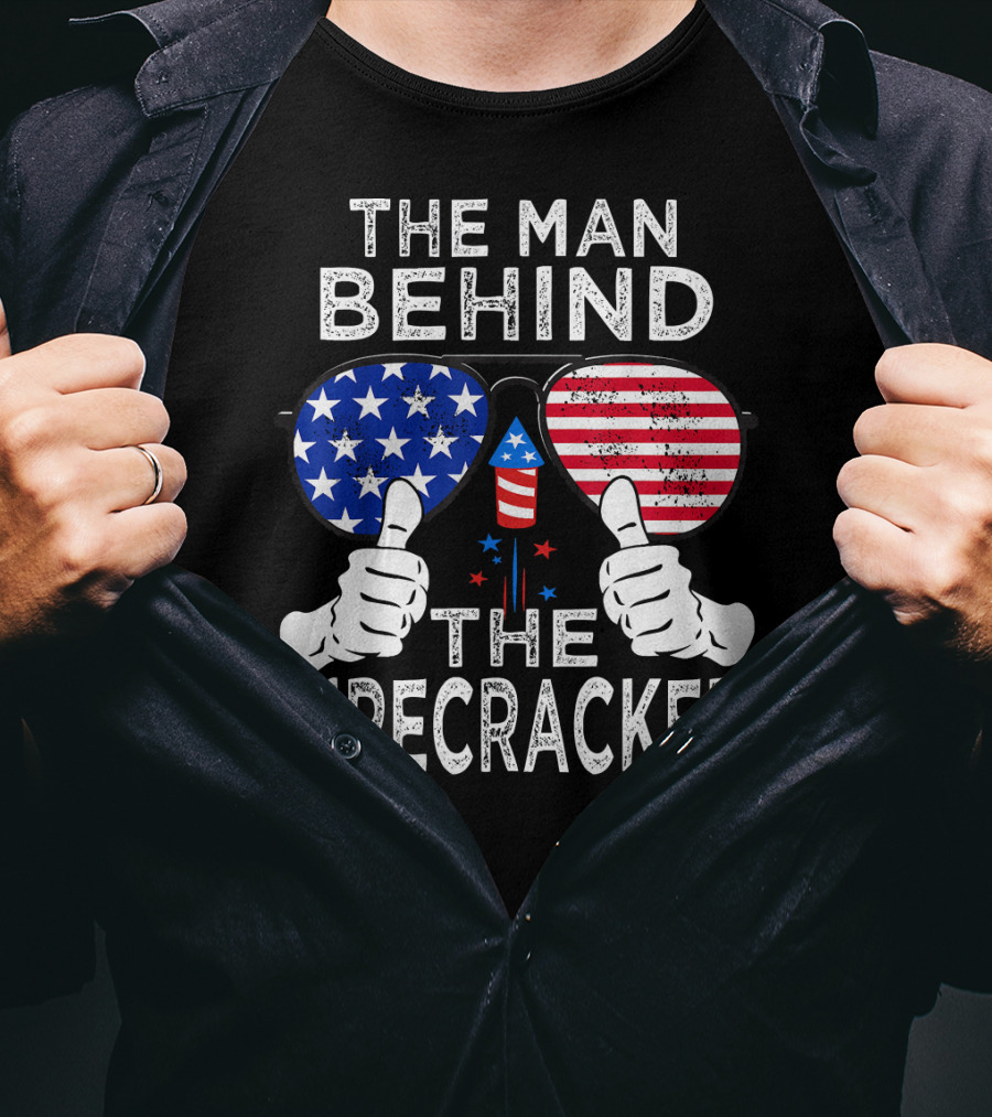 The Man Behind The Firecracker Patriotic Sunglasses Stars Stripes T-Shirt