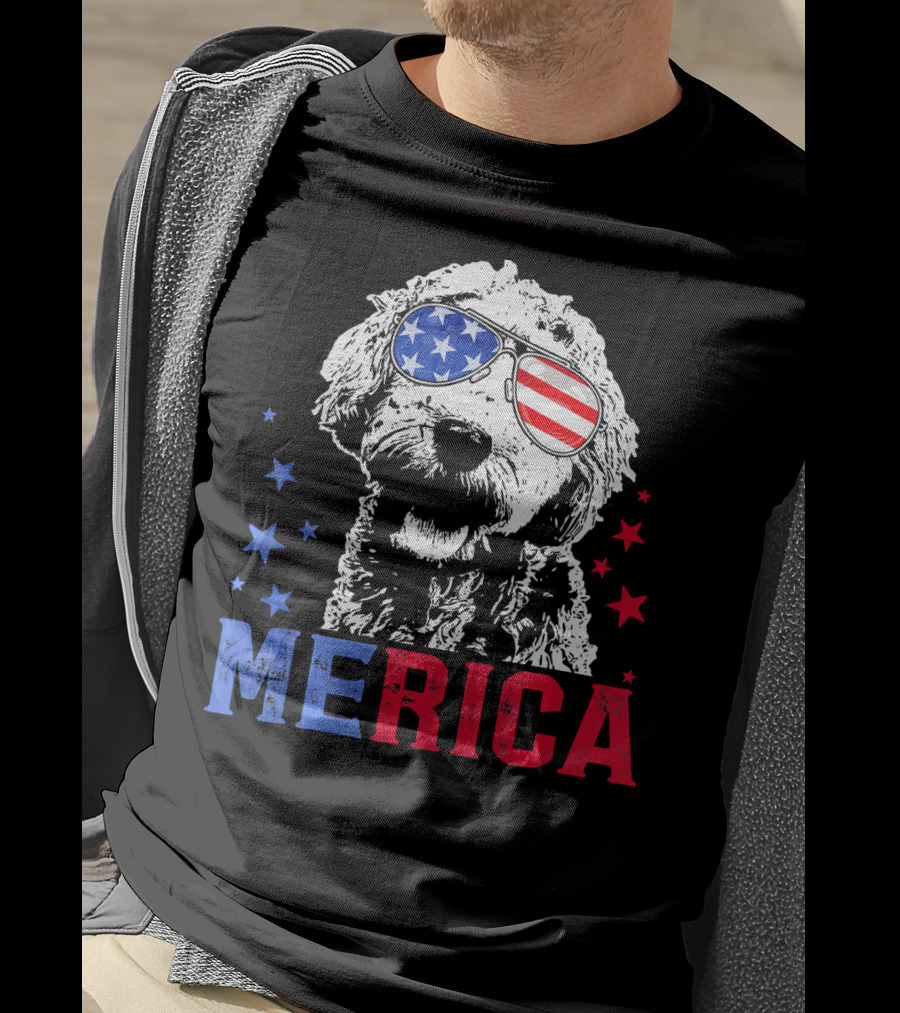 Merica Goldendoodle USA Flag Sunglasses Patriotic Stars T-Shirt