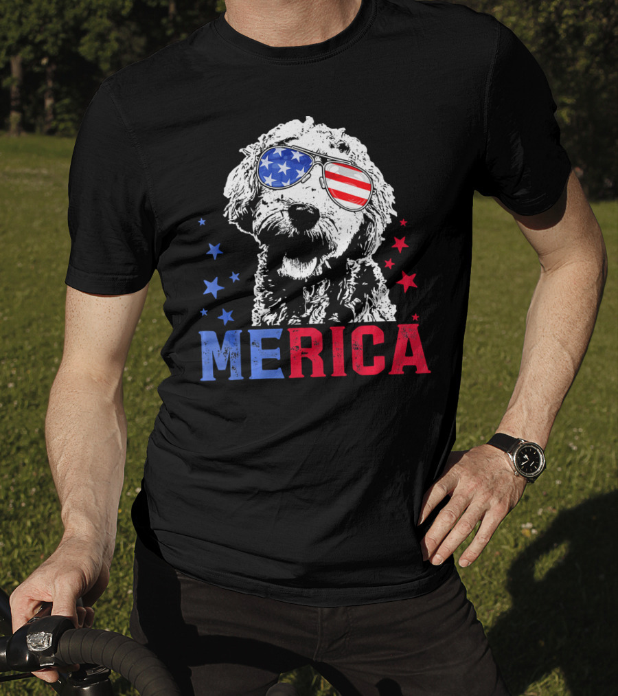 Merica Goldendoodle USA Flag Sunglasses Patriotic Stars T-Shirt