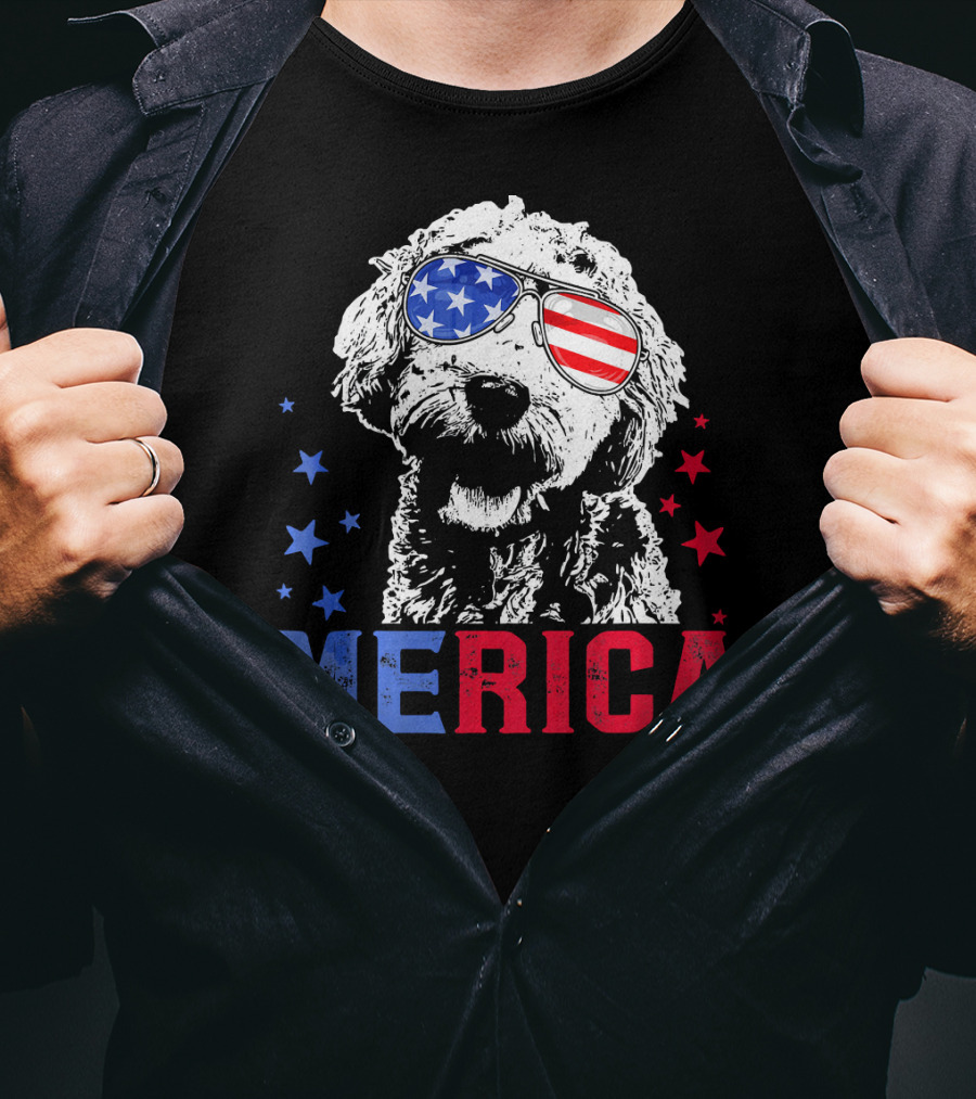 Merica Goldendoodle USA Flag Sunglasses Patriotic Stars T-Shirt