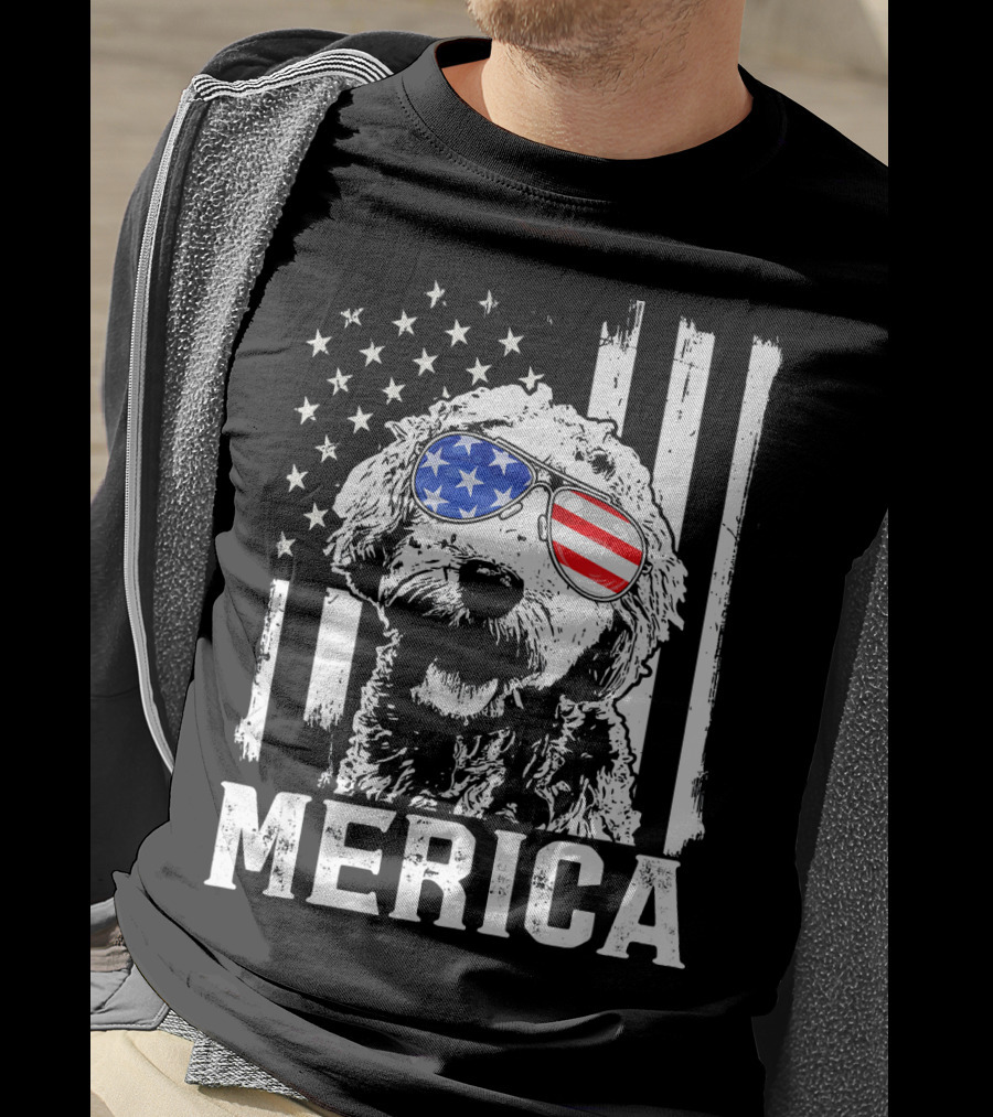 Merica Goldendoodle With American Flag Sunglasses And Stripes T-Shirt