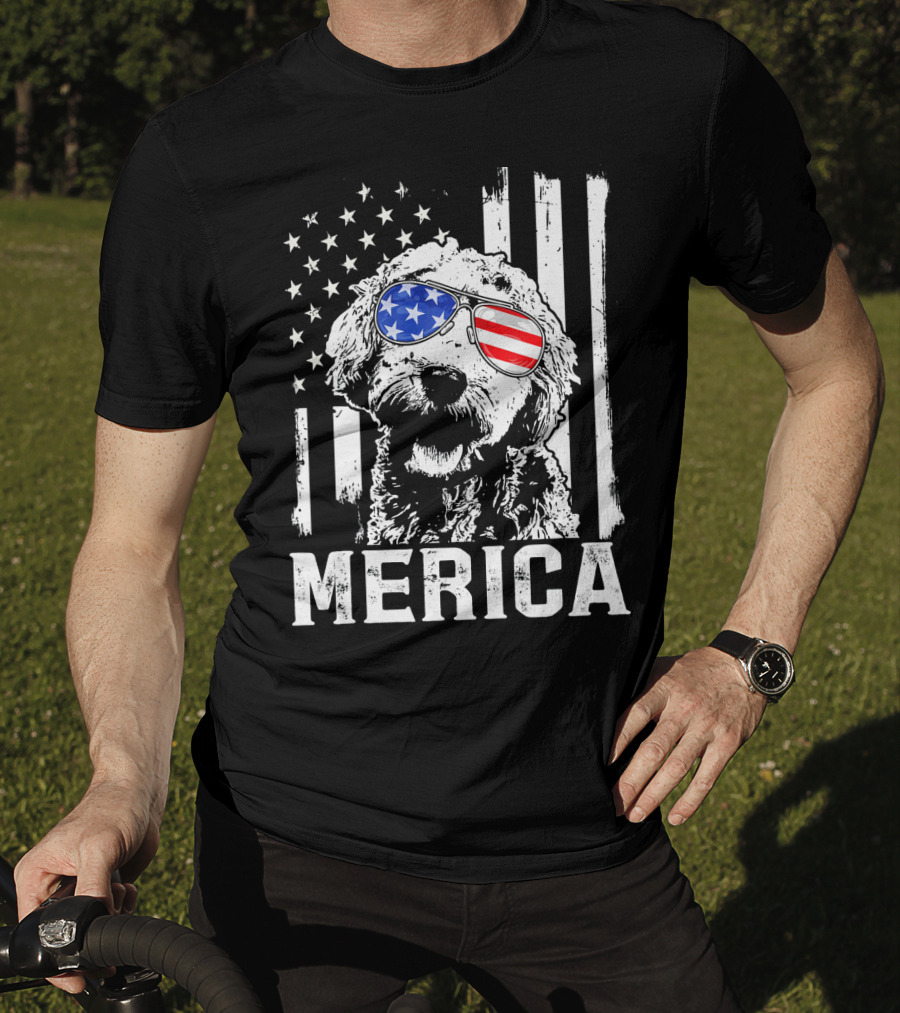 Merica Goldendoodle With American Flag Sunglasses And Stripes T-Shirt