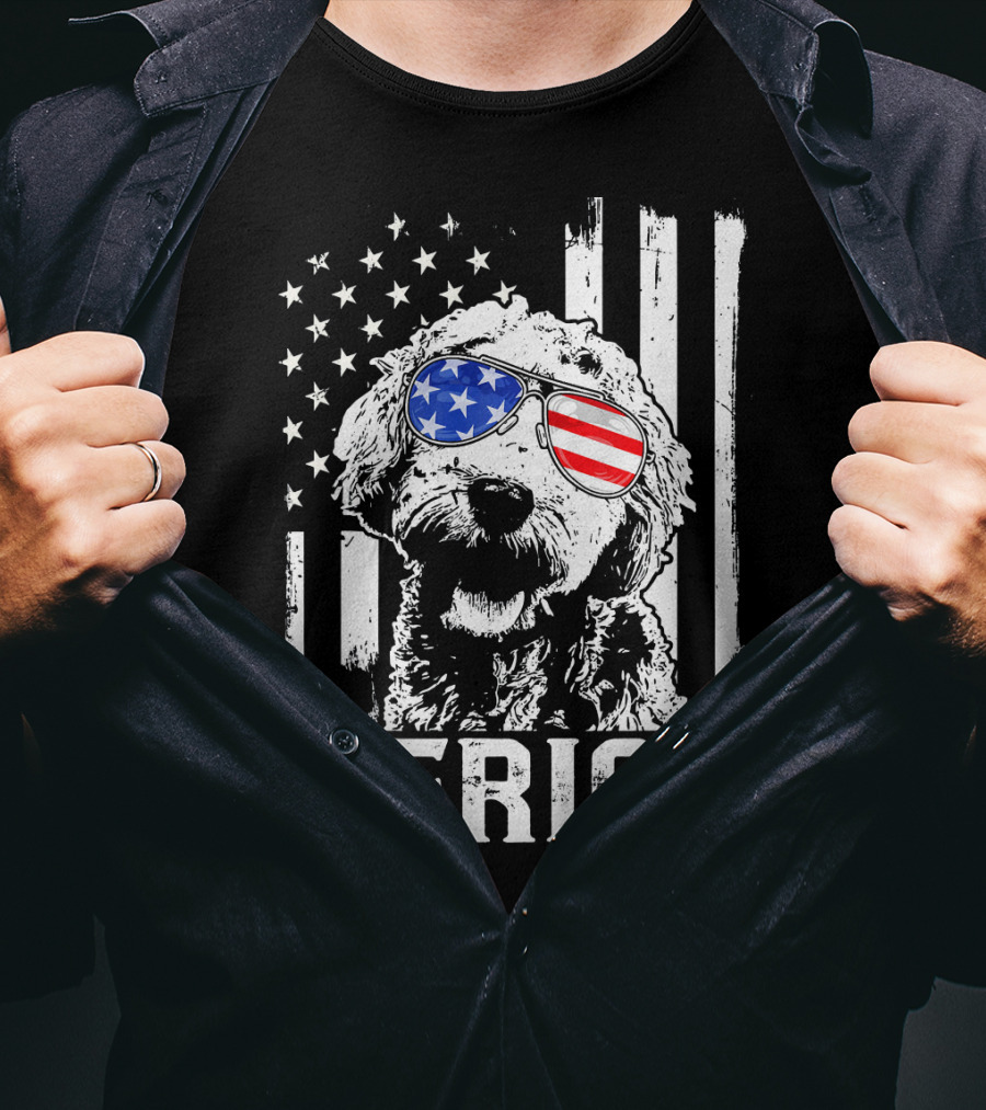 Merica Goldendoodle With American Flag Sunglasses And Stripes T-Shirt