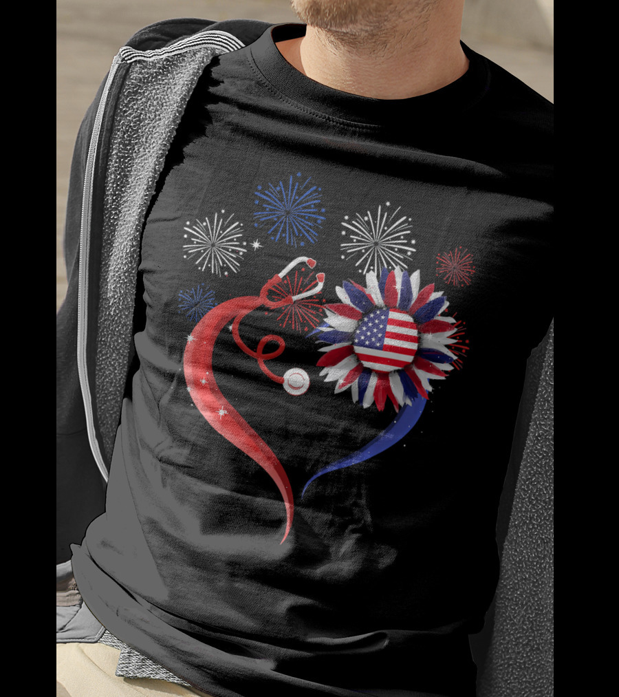 Heart Shaped Red Stethoscope Sunflower With USA Flag And Fireworks T-Shirt