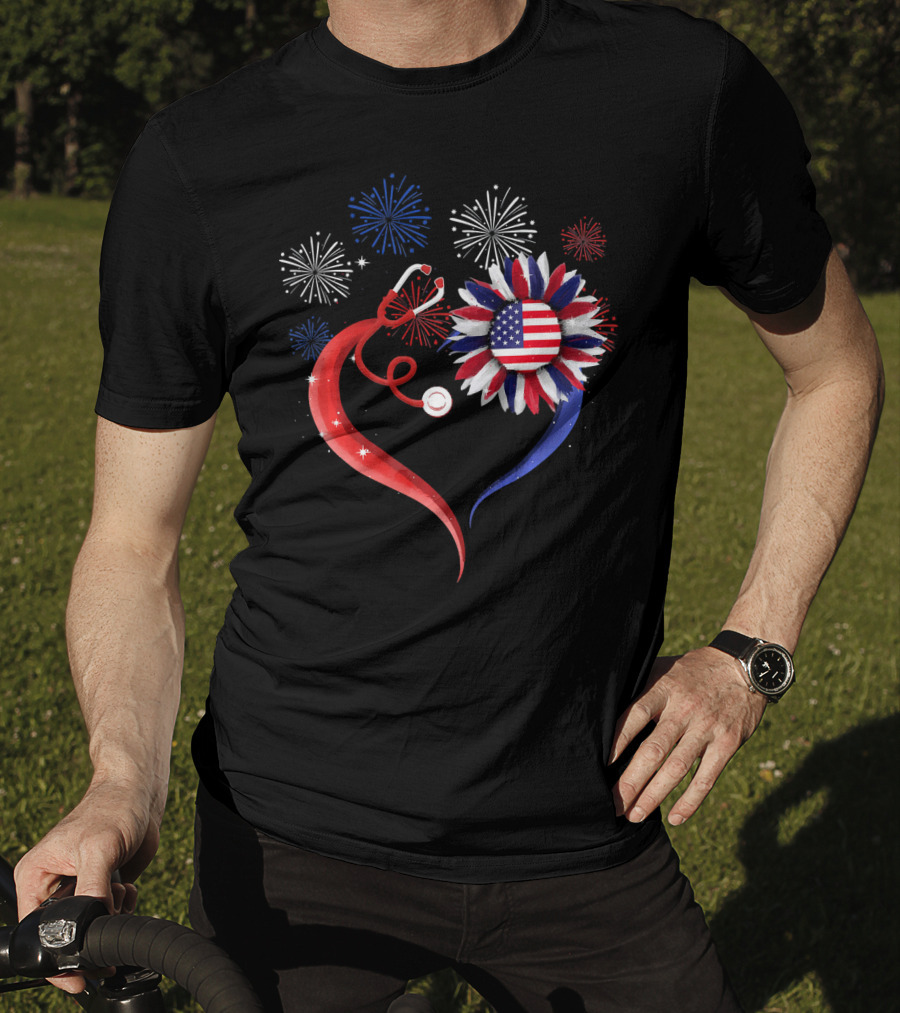 Heart Shaped Red Stethoscope Sunflower With USA Flag And Fireworks T-Shirt