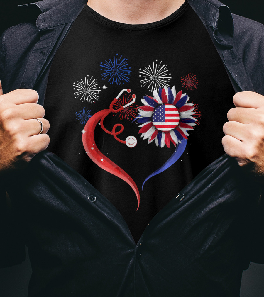 Heart Shaped Red Stethoscope Sunflower With USA Flag And Fireworks T-Shirt