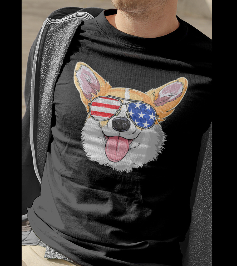 Patriotic Corgi With American Flag Sunglasses T-Shirt