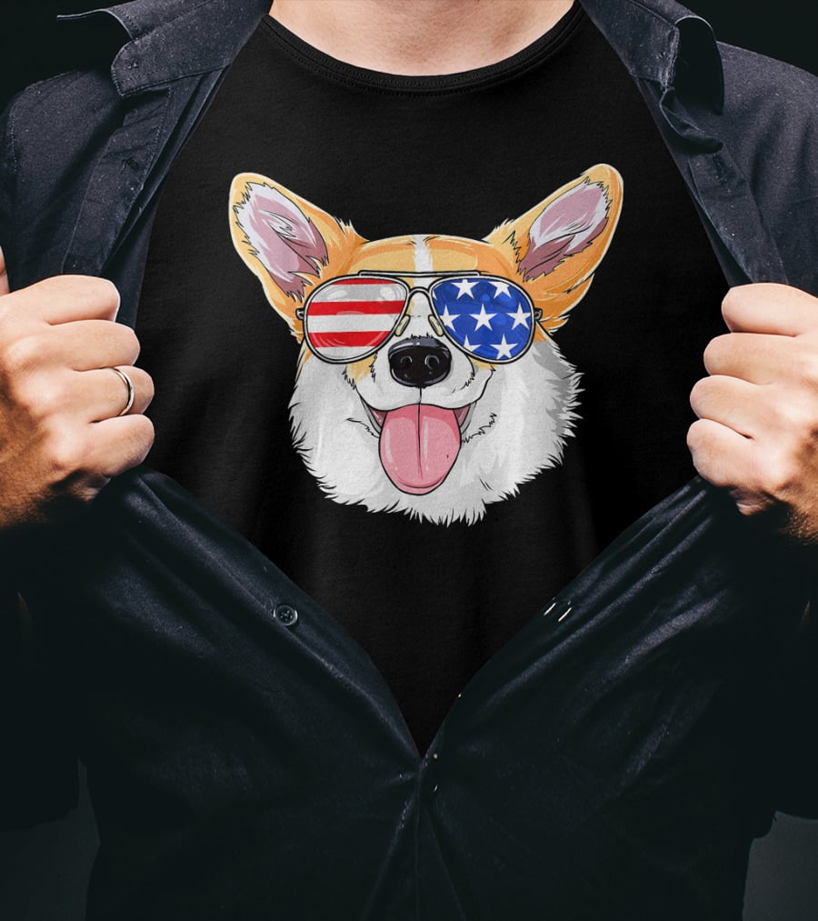 Patriotic Corgi With American Flag Sunglasses T-Shirt