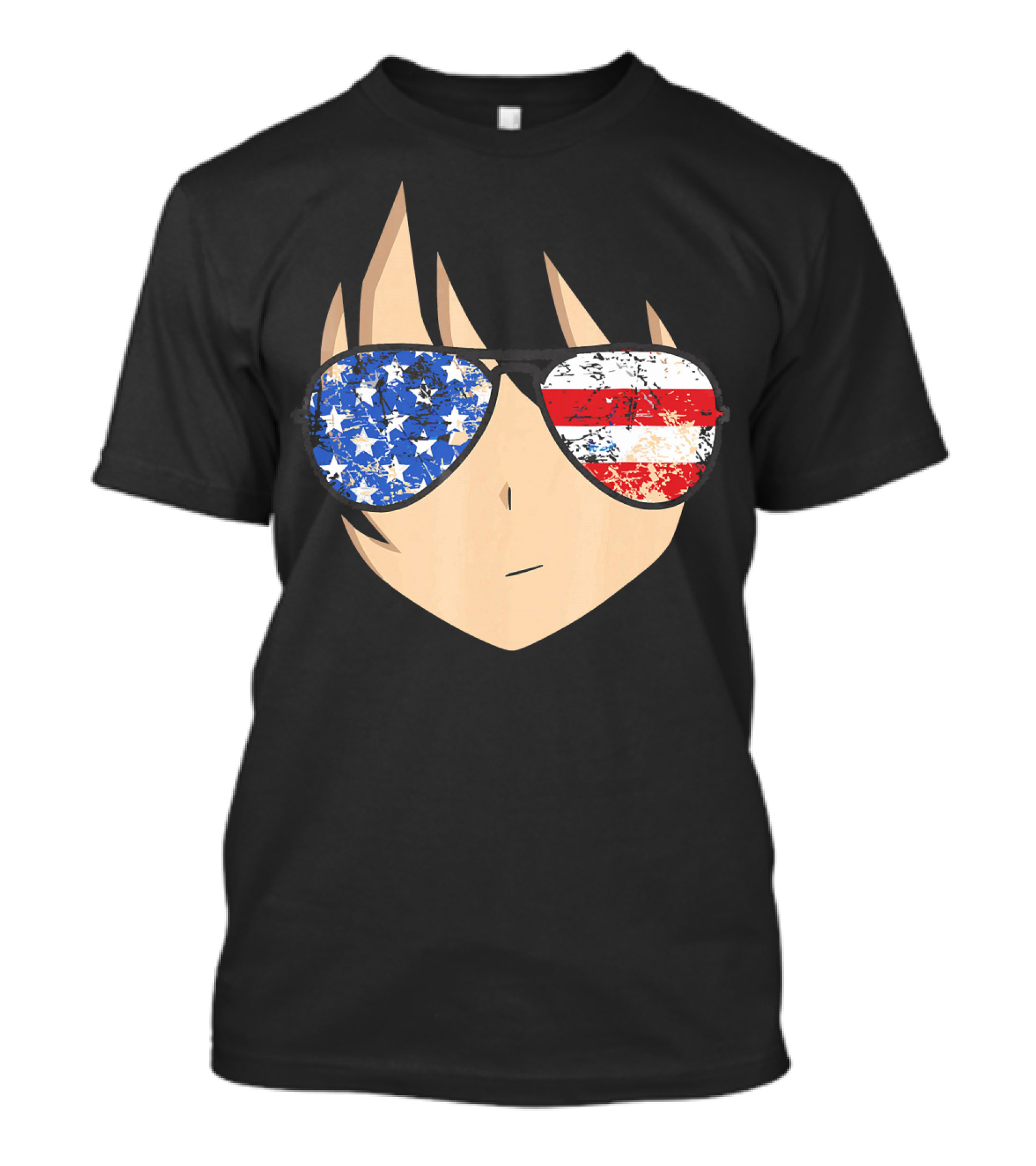 American Anime Face With Stars And Stripes USA Sunglasses T-Shirt
