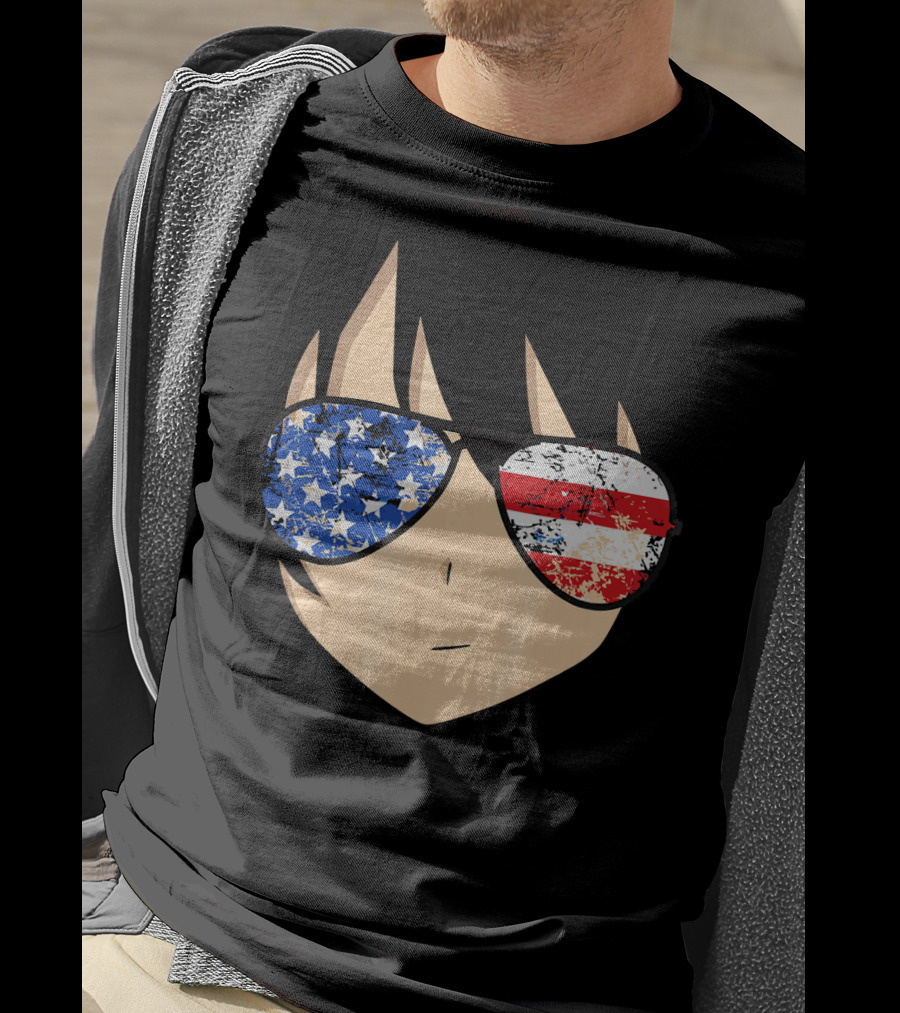 American Anime Face With Stars And Stripes USA Sunglasses T-Shirt