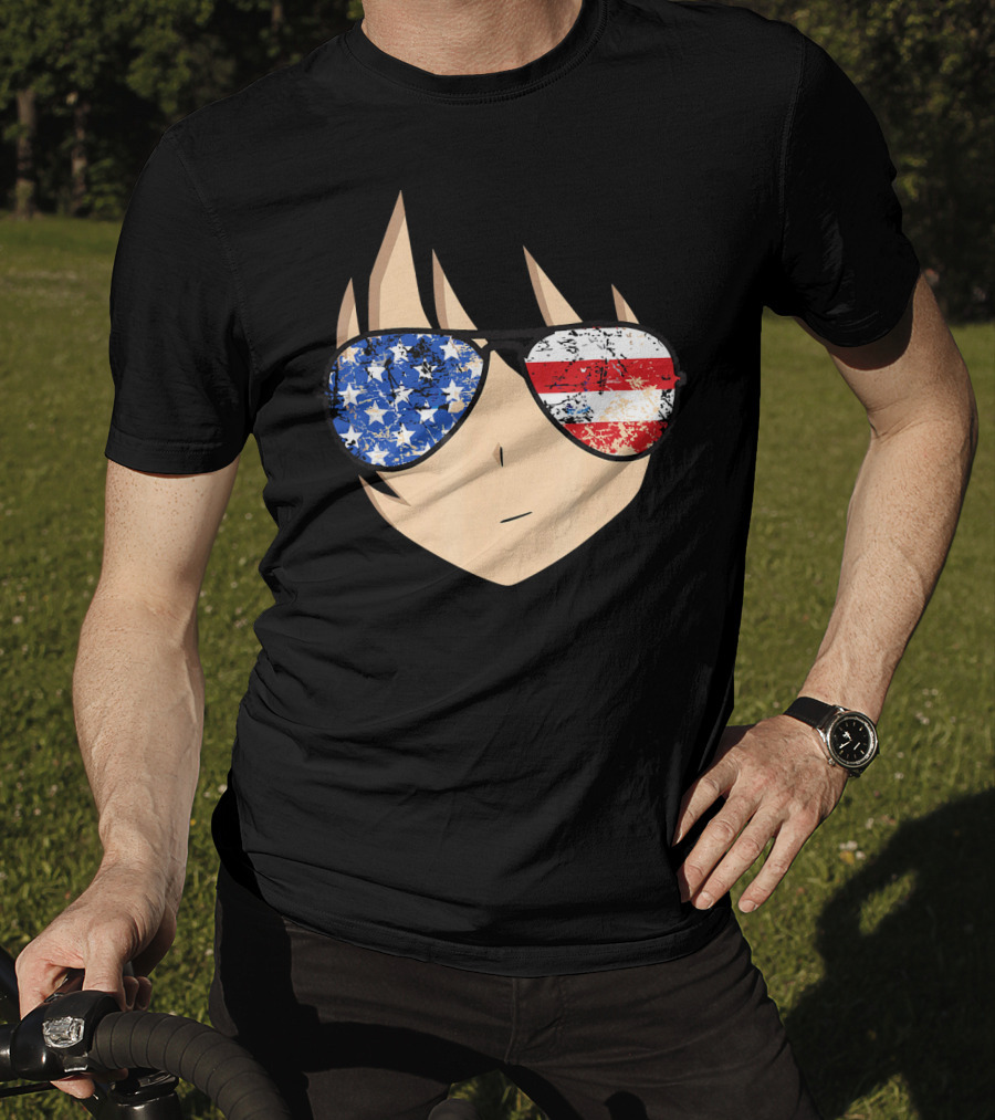 American Anime Face With Stars And Stripes USA Sunglasses T-Shirt