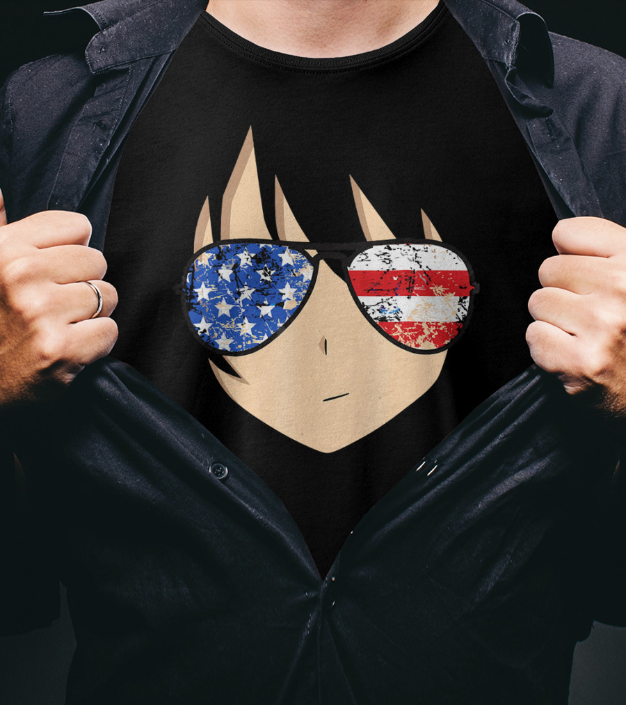 American Anime Face With Stars And Stripes USA Sunglasses T-Shirt