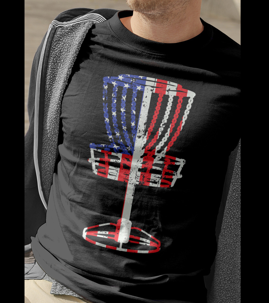 Patriotic USA Disc Golf Basket American Flag Frisbee Golfing T-Shirt