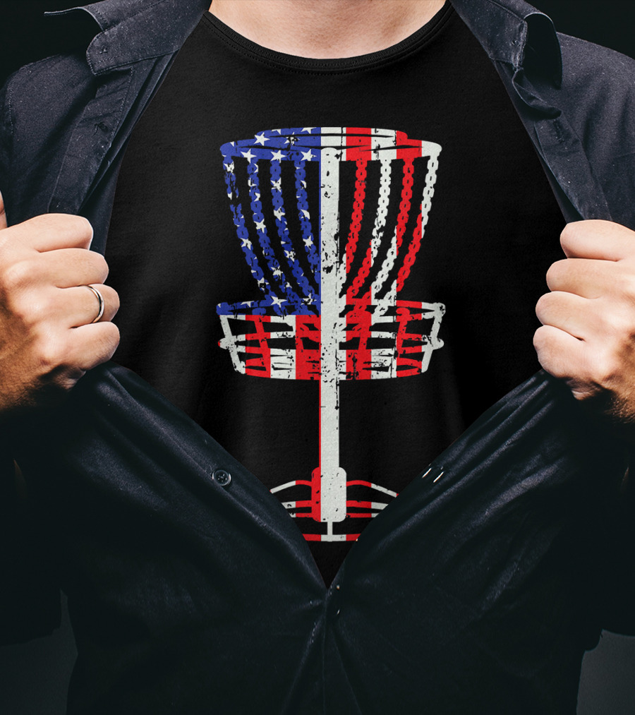 Patriotic USA Disc Golf Basket American Flag Frisbee Golfing T-Shirt
