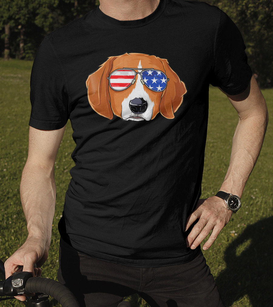 Beagle Wearing American Flag Sunglasses With Patriotic T-Shirt