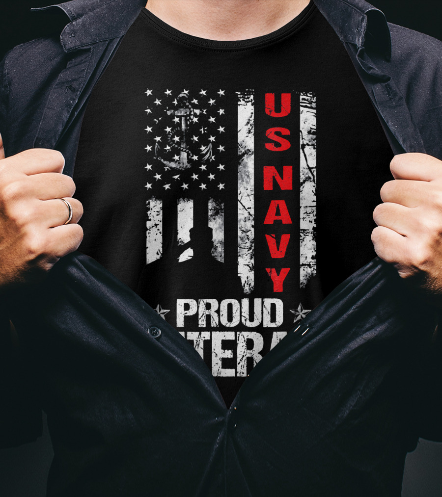 US Navy Proud Veteran Patriotic American Flag Anchor Stars T-Shirt