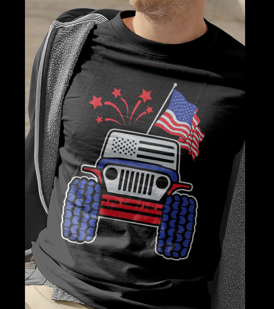 Jeep With Stars And Stripes American Flag Fireworks T-Shirt