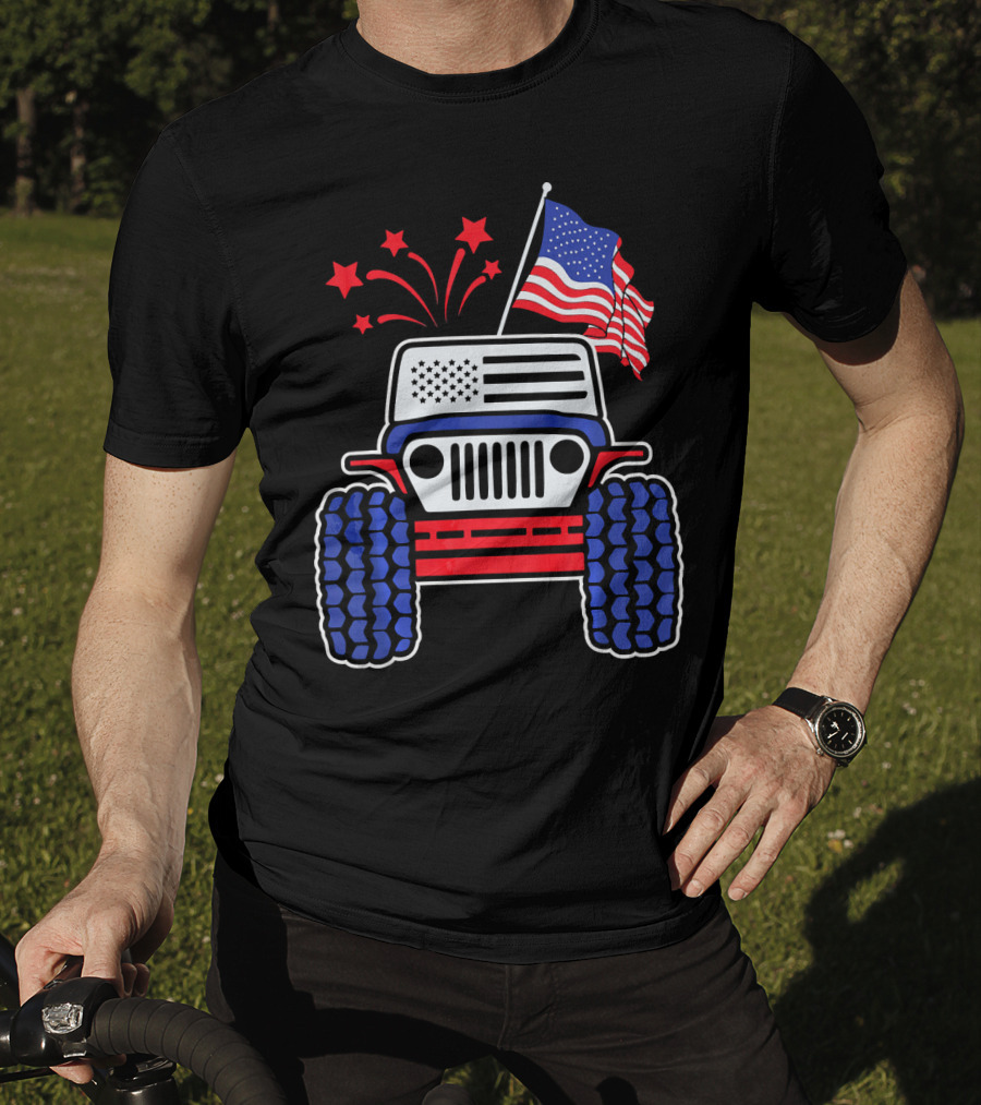 Jeep With Stars And Stripes American Flag Fireworks T-Shirt