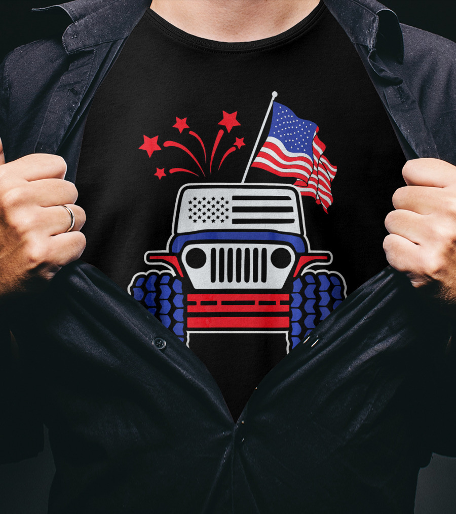 Jeep With Stars And Stripes American Flag Fireworks T-Shirt