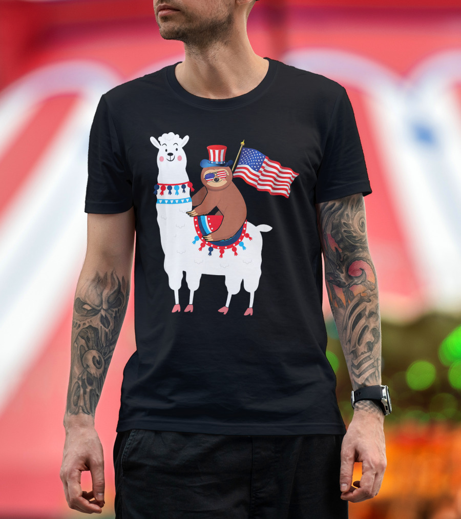 Funny 4th of July Sloth Riding Patriotic Llama with American Flag T-Shirt