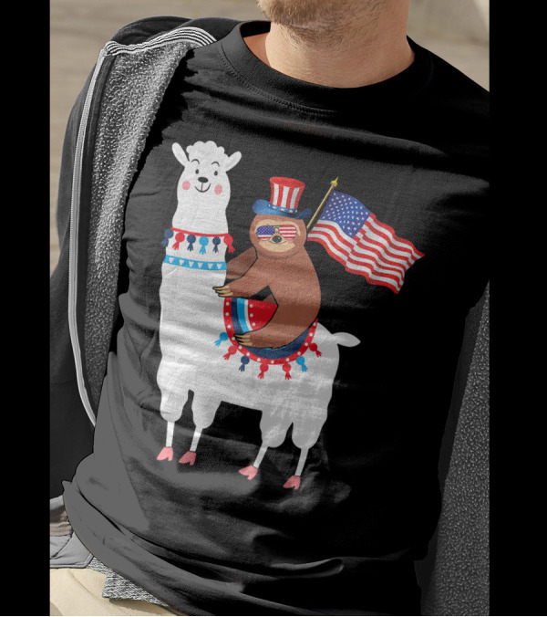 Funny 4th Of July Sloth Riding Patriotic Llama With American Flag T-Shirt