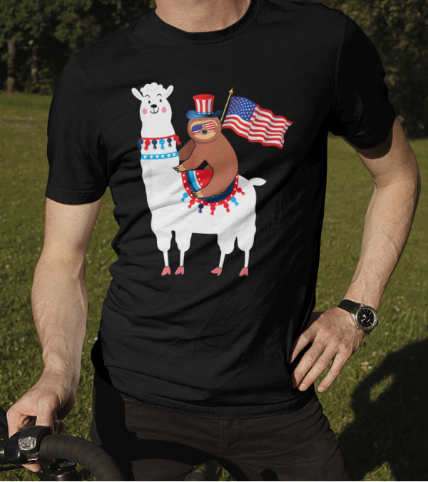 Funny 4th Of July Sloth Riding Patriotic Llama With American Flag T-Shirt