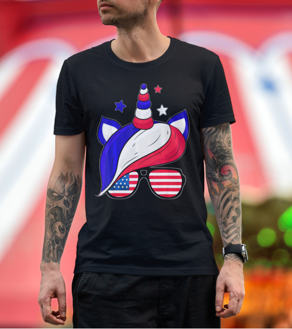 Premium T-Shirt: 4th of July Patriotic Unicorn with American Flag Sunglasses Funny Cute Top T-Shirt 4th of July Patriotic Unicorn with American Flag Sunglasses Funny Cute Top T-Shirt
