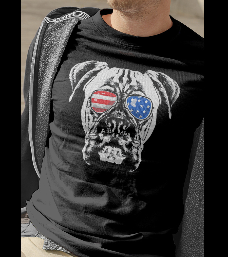 Boxer Dog American Flag Sunglasses Patriotic T-Shirt