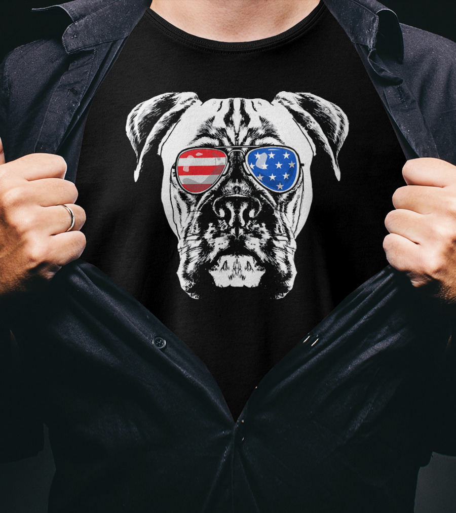 Boxer Dog American Flag Sunglasses Patriotic T-Shirt