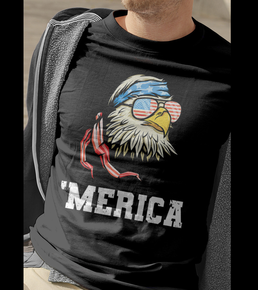 'Merica Patriotic Eagle American Flag Bandana And Sunglasses T-Shirt