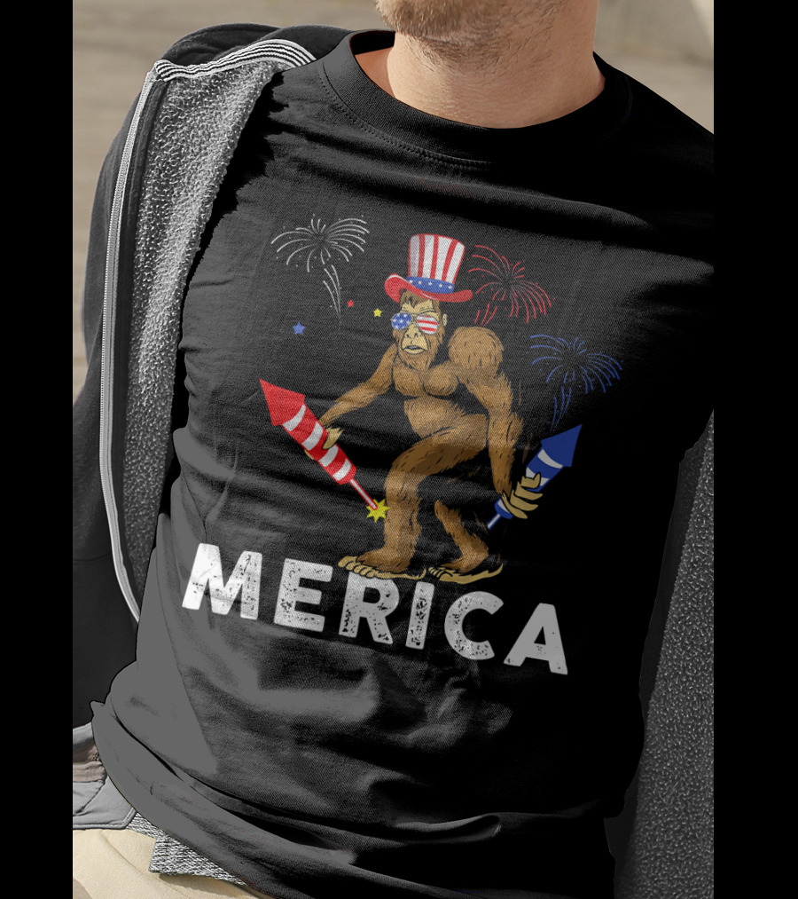 Bigfoot Merica Fireworks Patriotic Hat Independence Day T-Shirt