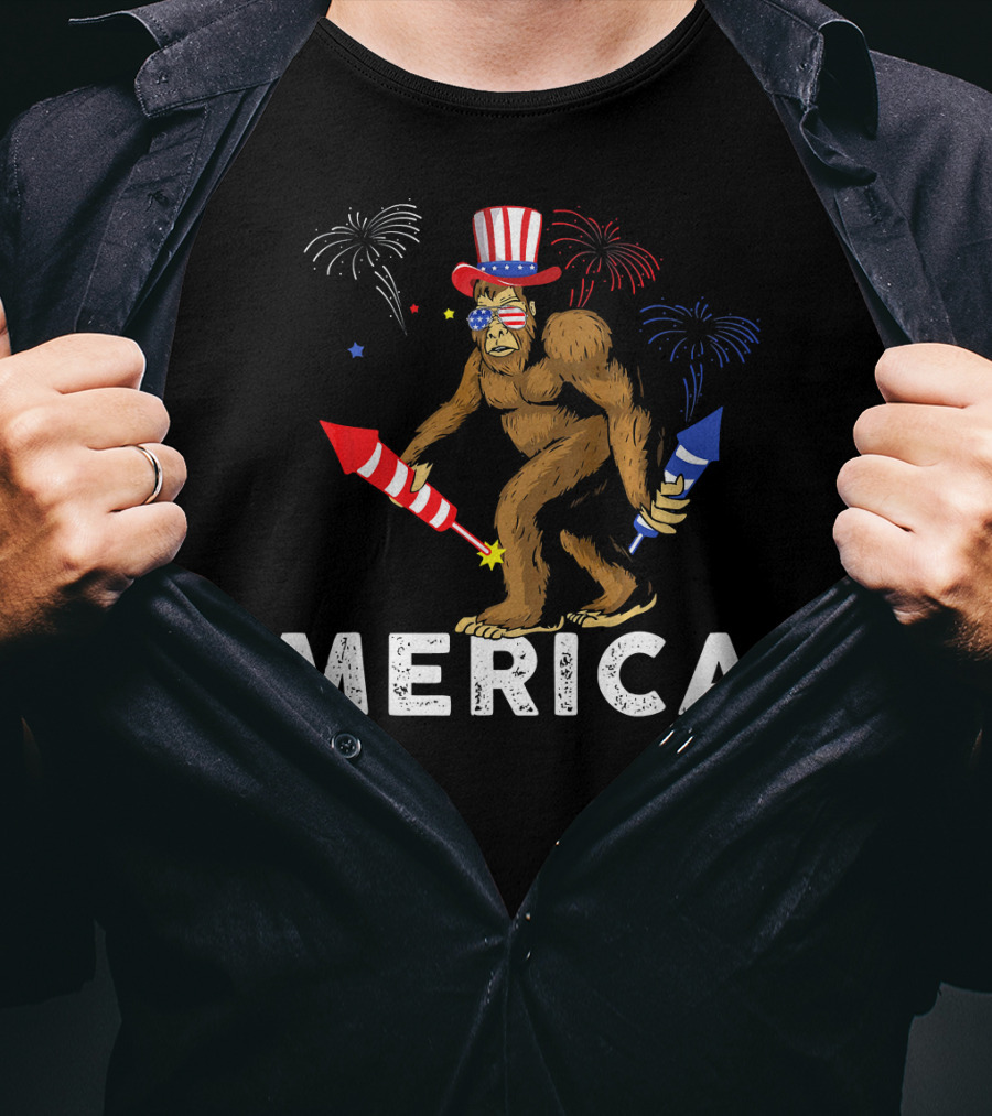 Bigfoot Merica Fireworks Patriotic Hat Independence Day T-Shirt