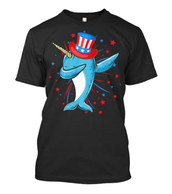 Dabbing Narwhal With Stars And Stripes Hat Firework Background T-Shirt