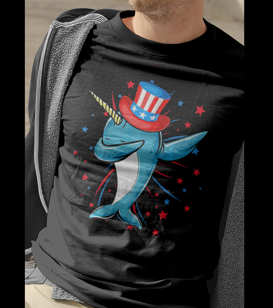 Dabbing Narwhal With Stars And Stripes Hat Firework Background T-Shirt