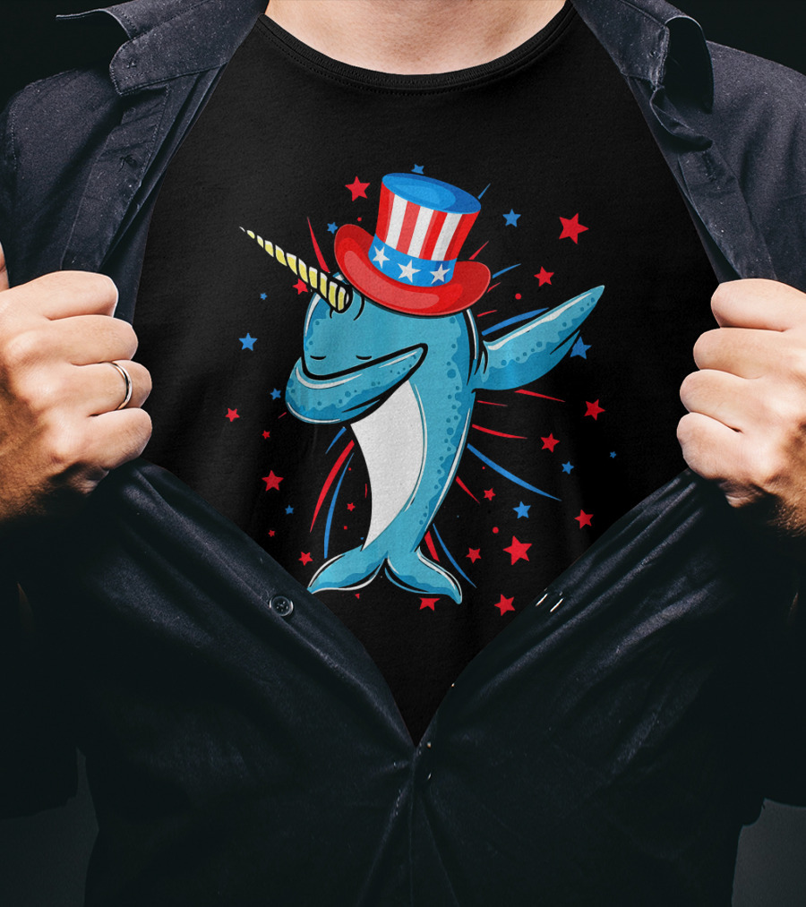 Dabbing Narwhal With Stars And Stripes Hat Firework Background T-Shirt