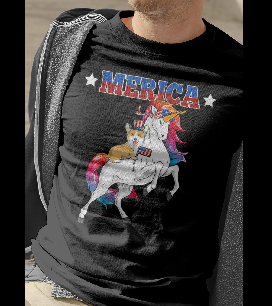 MERICA Corgi Dog Riding Unicorn With American Flag USA T-Shirt