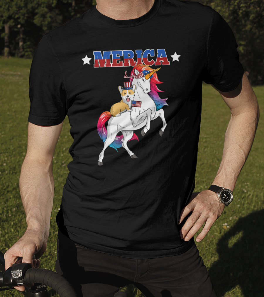 MERICA Corgi Dog Riding Unicorn With American Flag USA T-Shirt