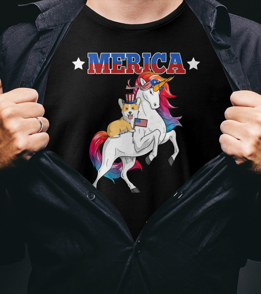 MERICA Corgi Dog Riding Unicorn With American Flag USA T-Shirt