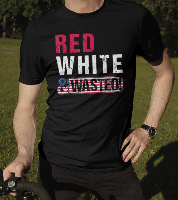 Red White And Wasted American Flag Skull T-Shirt