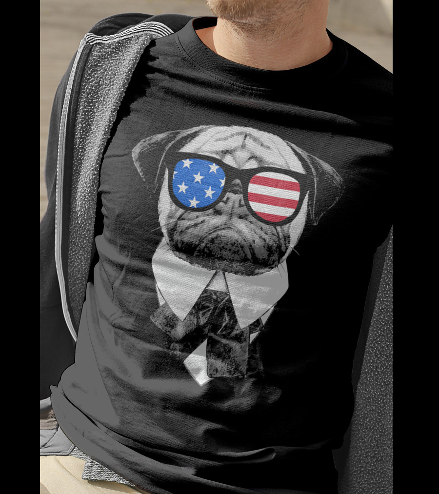 Patriotic Pug With American Flag Sunglasses And Tie T-Shirt
