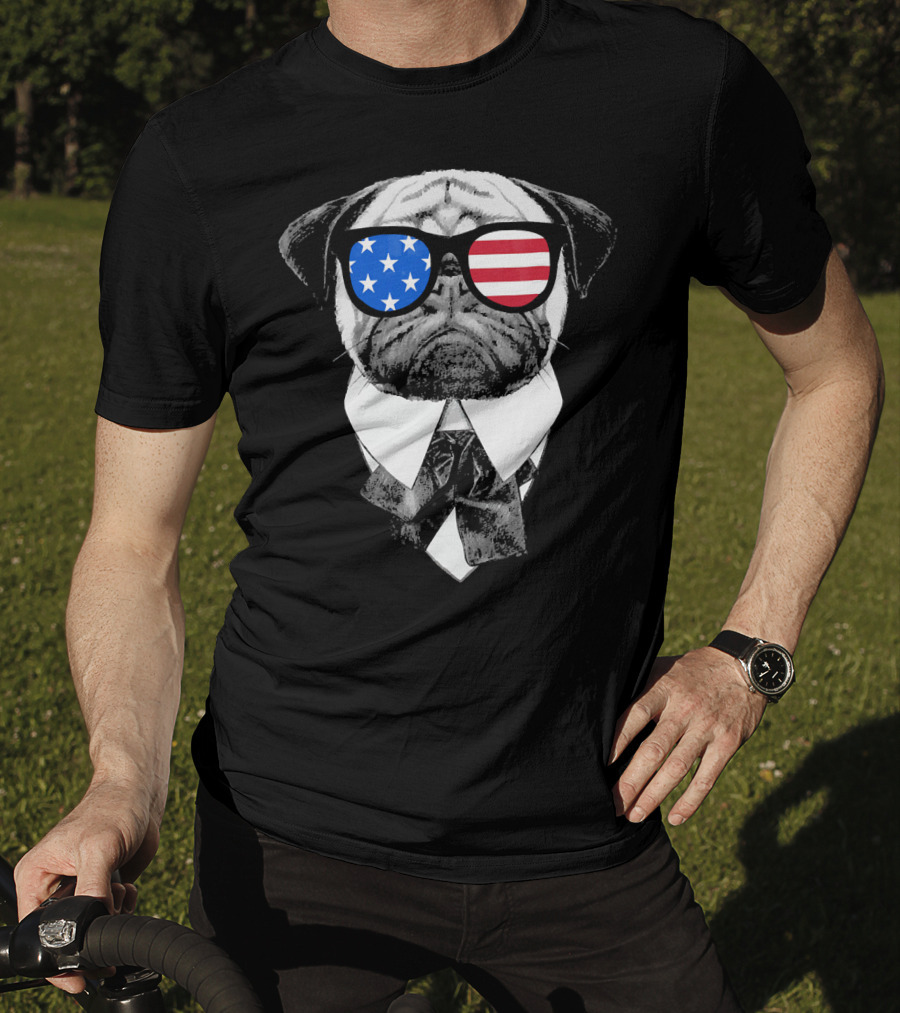Patriotic Pug With American Flag Sunglasses And Tie T-Shirt
