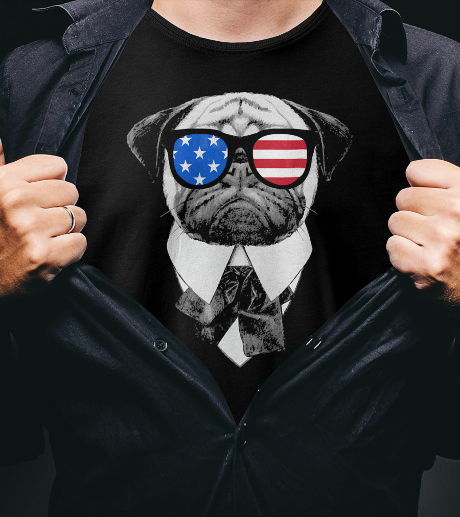 Patriotic Pug With American Flag Sunglasses And Tie T-Shirt