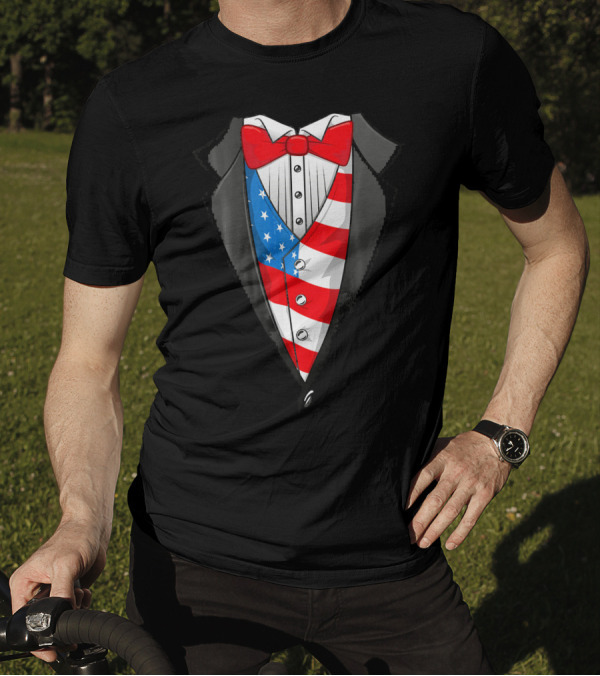 4th Of July American Flag Tuxedo Patriot Bow Tie T-Shirt